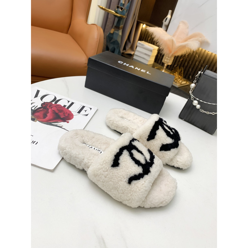 Ch*el fur all-in-one slippers white