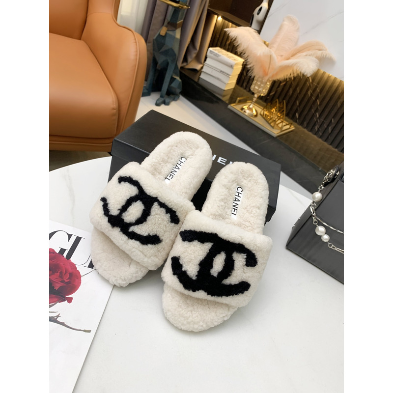 Ch*el fur all-in-one slippers white