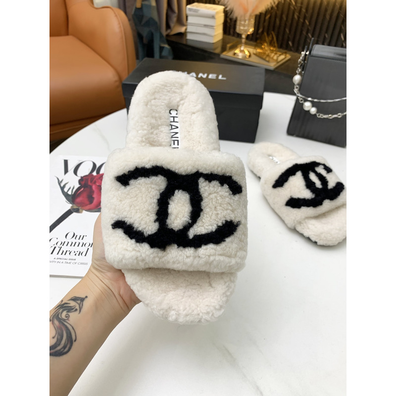 Ch*el fur all-in-one slippers white