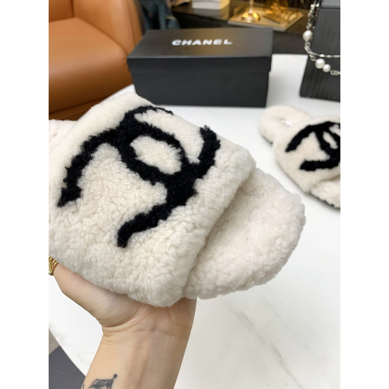 Ch*el fur all-in-one slippers white