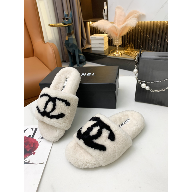 Ch*el fur all-in-one slippers white