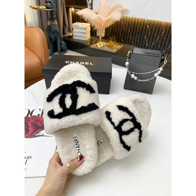 Ch*el fur all-in-one slippers white