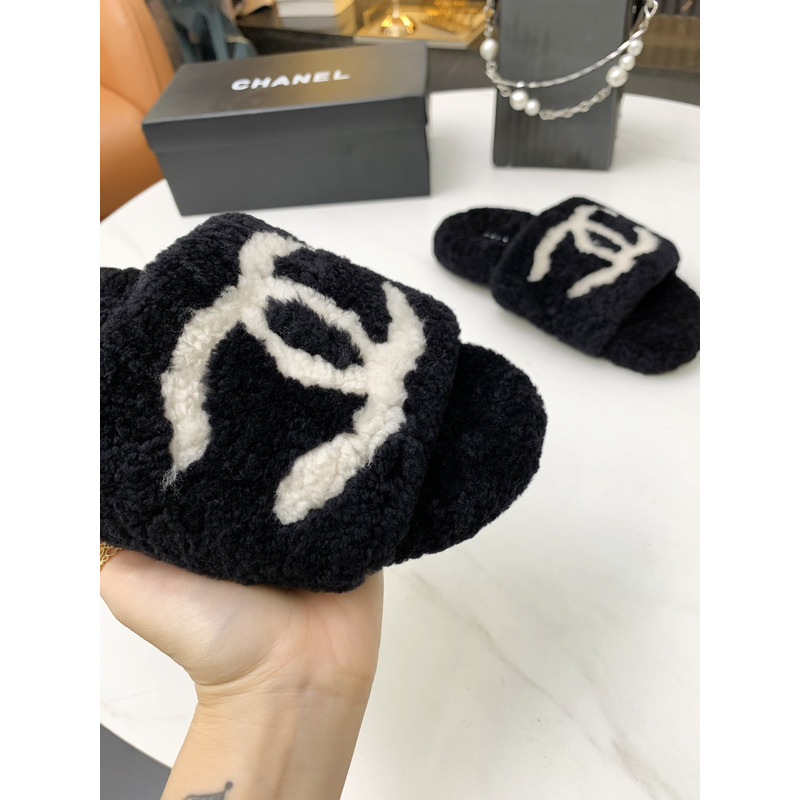 Ch*el fur all-in-one slippers black