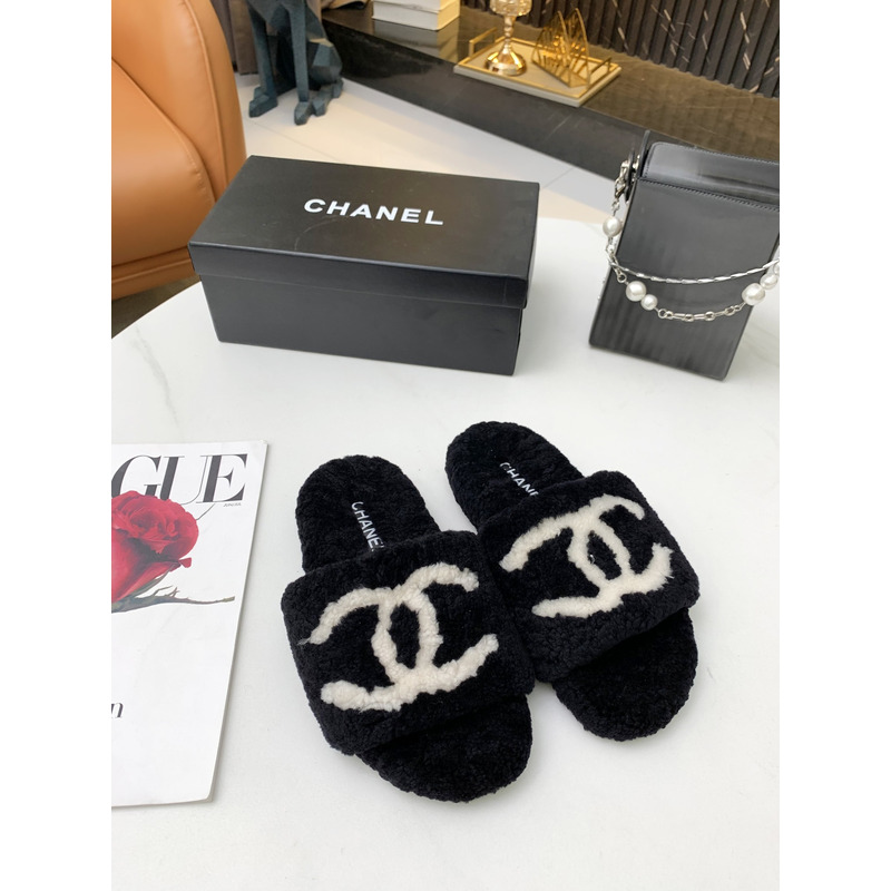 Ch*el fur all-in-one slippers black