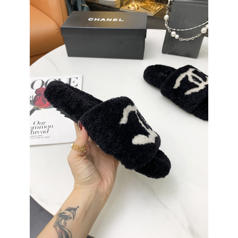 Ch*el fur all-in-one slippers black