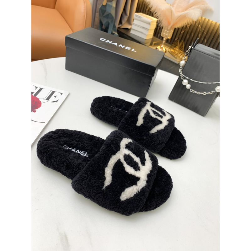 Ch*el fur all-in-one slippers black