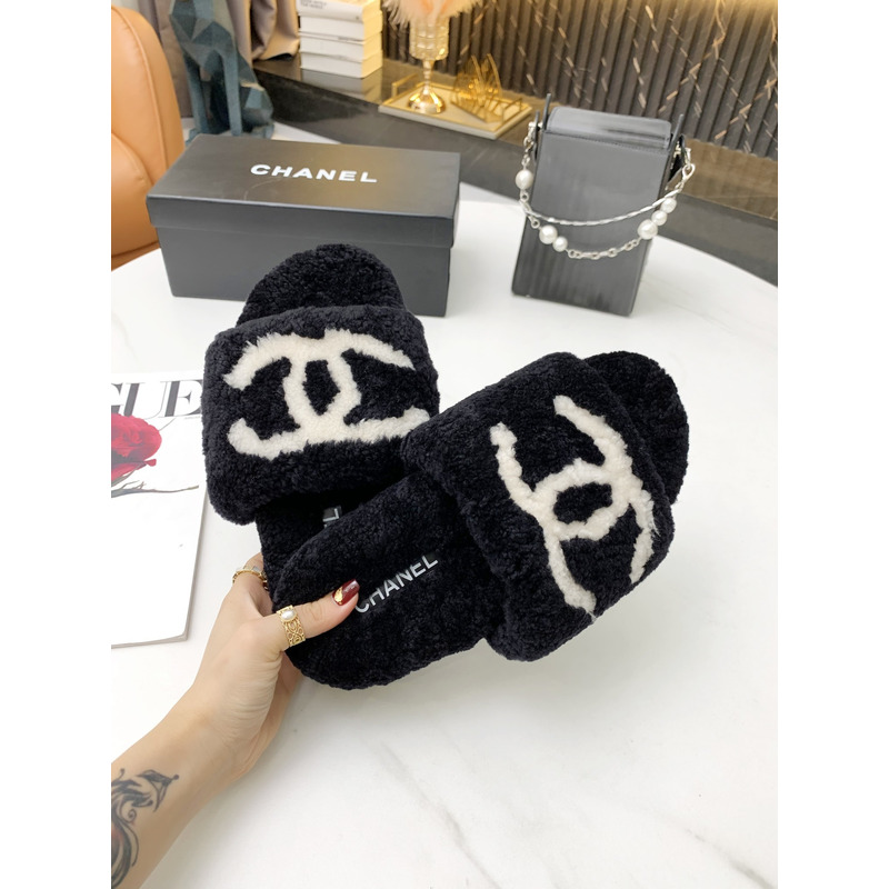 Ch*el fur all-in-one slippers black