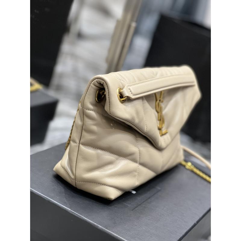 Saint Laurent Luoluo Puffer Shoulder Bag in Quilted Lambskin with Gold Buckle Beige 29x17x11cm