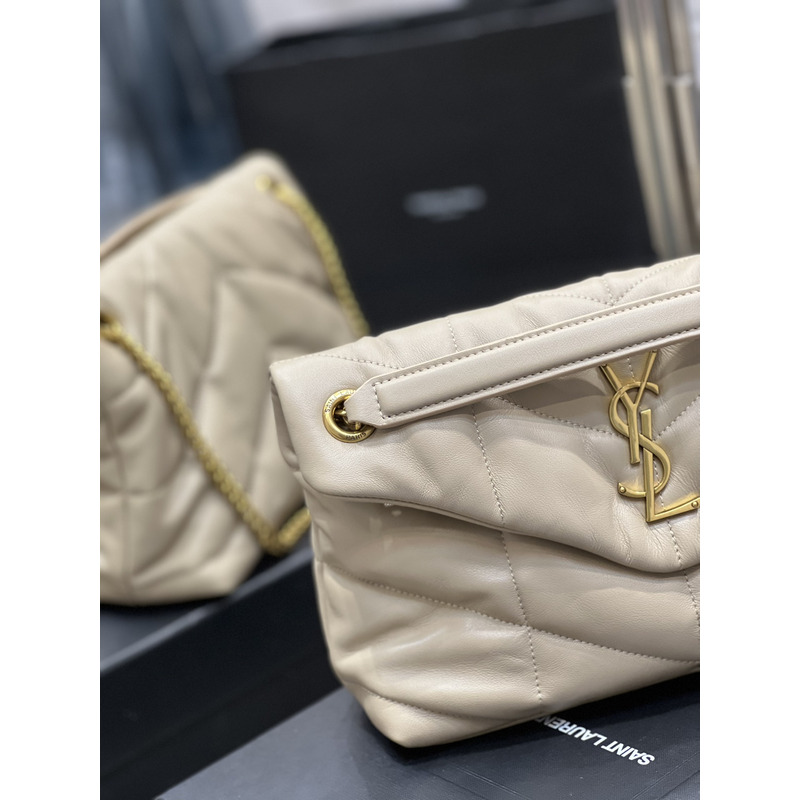 Saint Laurent Luoluo Puffer Shoulder Bag in Quilted Lambskin with Gold Buckle Beige 29x17x11cm