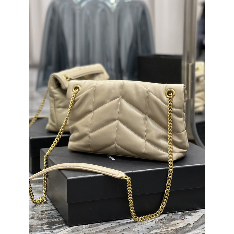 Saint Laurent Luoluo Puffer Shoulder Bag in Quilted Lambskin with Gold Buckle Beige 29x17x11cm