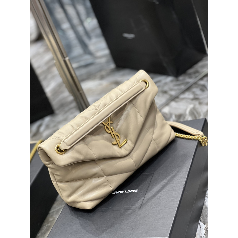 Saint Laurent Luoluo Puffer Shoulder Bag in Quilted Lambskin with Gold Buckle Beige 29x17x11cm