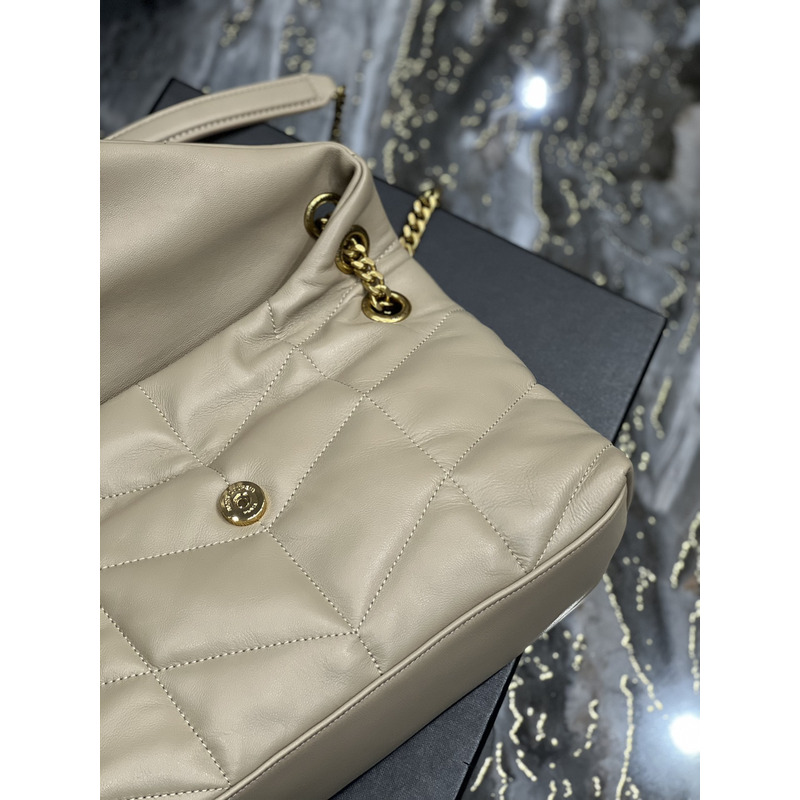 Saint Laurent Luoluo Puffer Shoulder Bag in Quilted Lambskin with Gold Buckle Beige 29x17x11cm