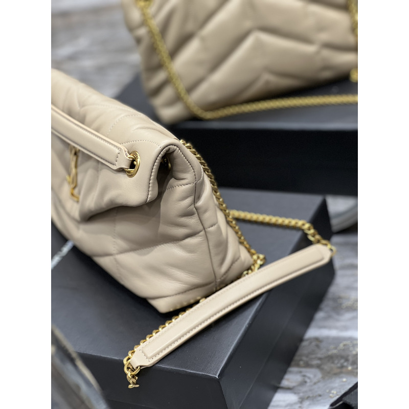 Saint Laurent Luoluo Puffer Shoulder Bag in Quilted Lambskin with Gold Buckle Beige 29x17x11cm