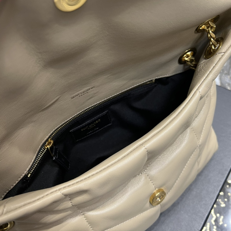 Saint Laurent Luoluo Puffer Shoulder Bag in Quilted Lambskin with Gold Buckle Beige 29x17x11cm