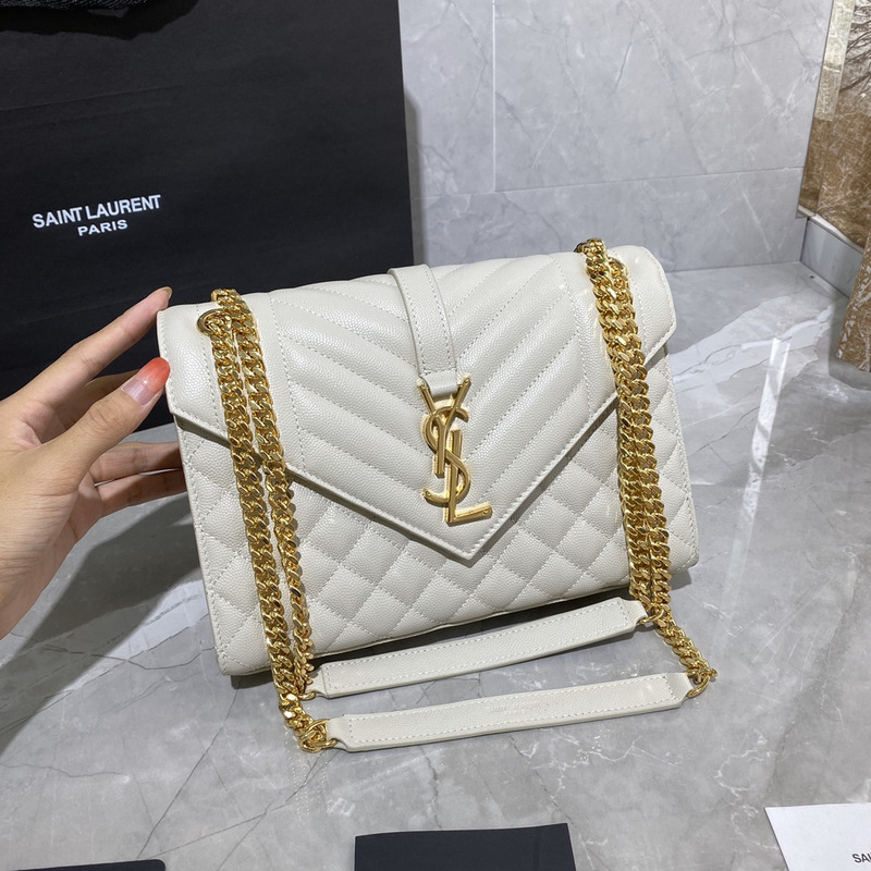 Saint Laurent Envelope Medium Quilted Leather Shoulder Bag Beige 24×17.5×6cm