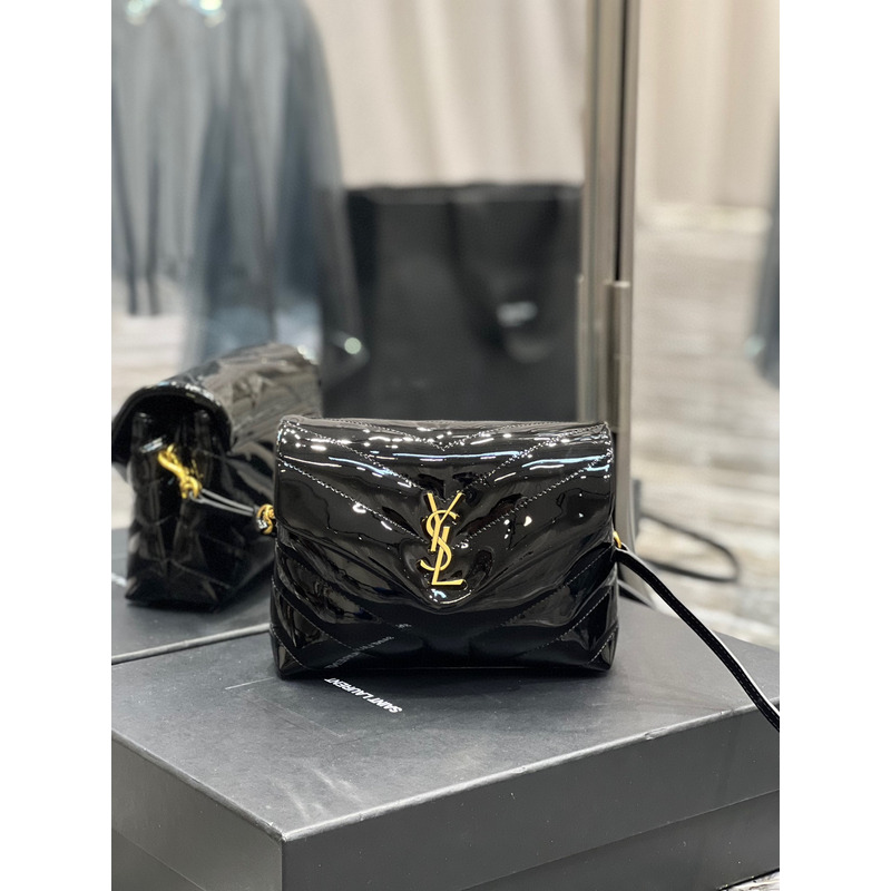 Saint Laurent Patent Leather Bag with Gold Buckle Black