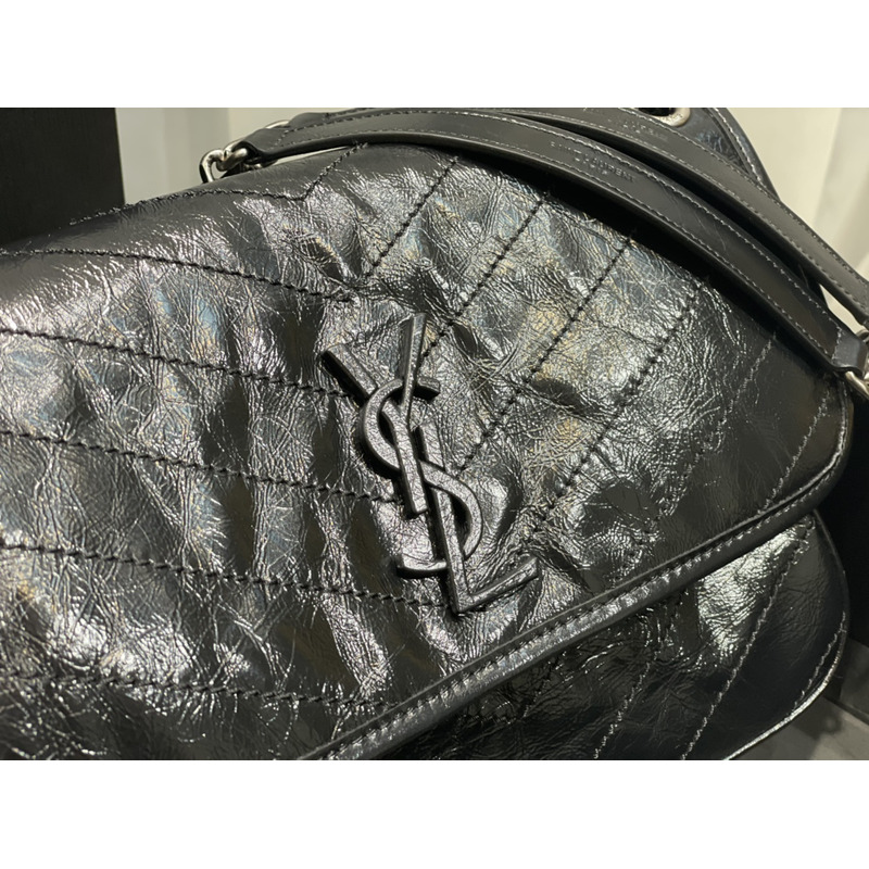 Saint Laurent Niki Baby Crocodile Print Shoulder Bag Black Gold