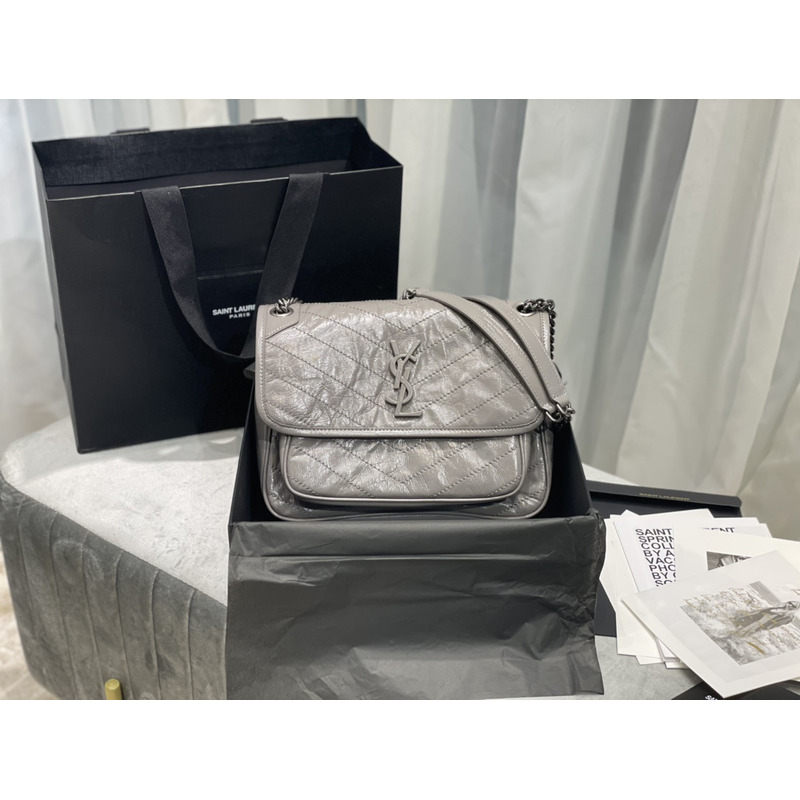 Saint Laurent Niki Baby Crocodile Print Shoulder Bag Grey