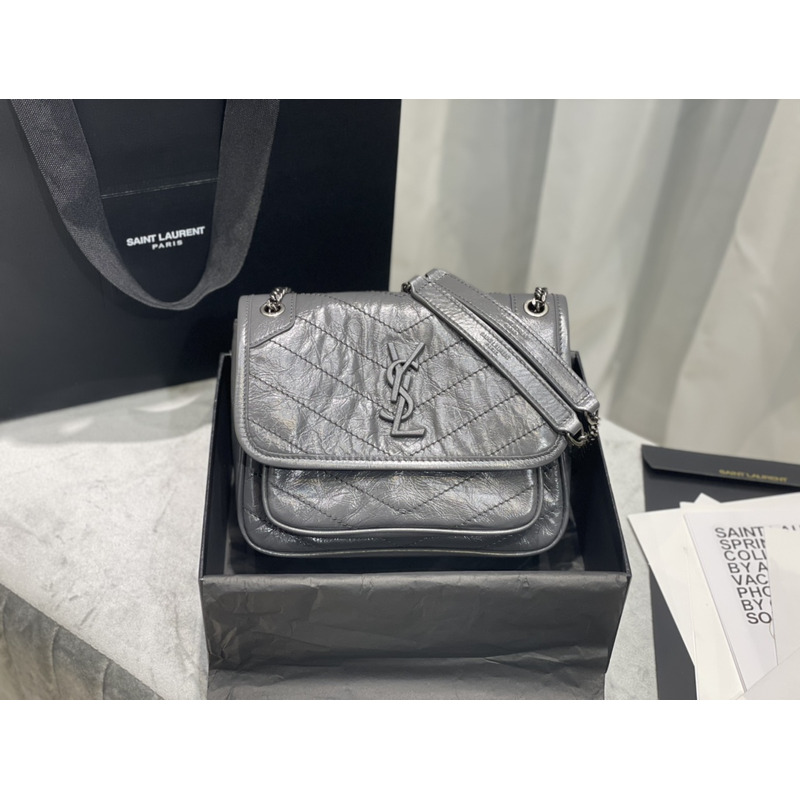 Saint Laurent Niki Baby Crocodile Print Shoulder Grey