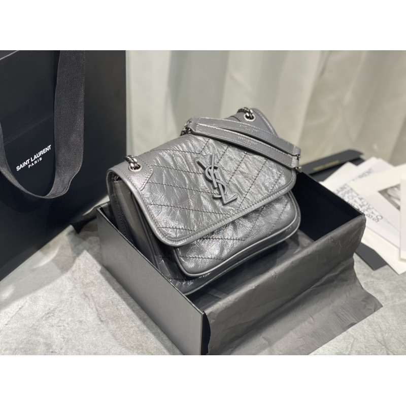 Saint Laurent Niki Baby Crocodile Print Shoulder Grey