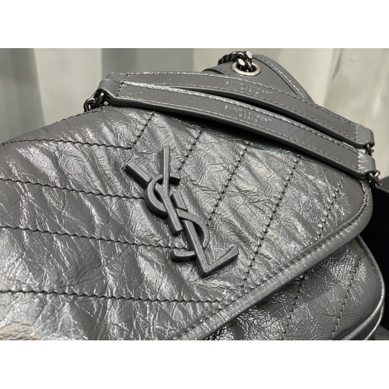 Saint Laurent Niki Baby Crocodile Print Shoulder Grey