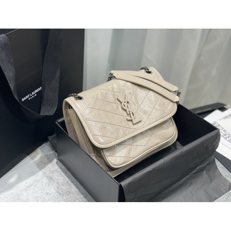 Saint Laurent Niki Baby Crocodile Print Shoulder Bag Beige Mini