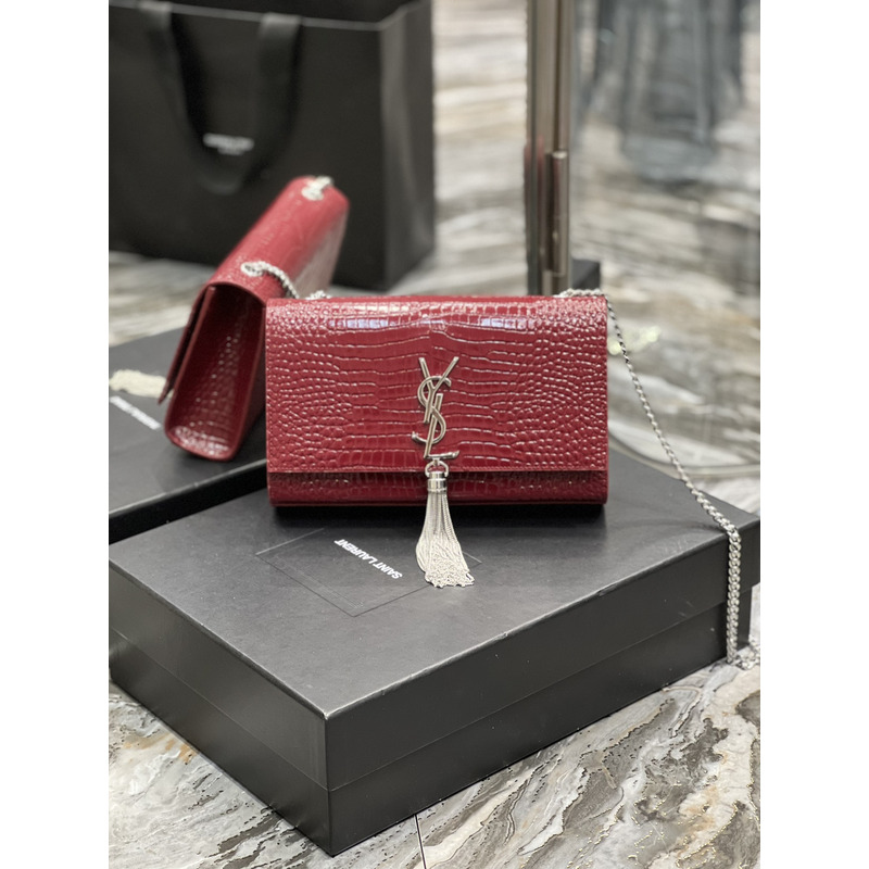 Saint Laurent Kate 24 Crocodile Silver Buckle Fringed Bag Red