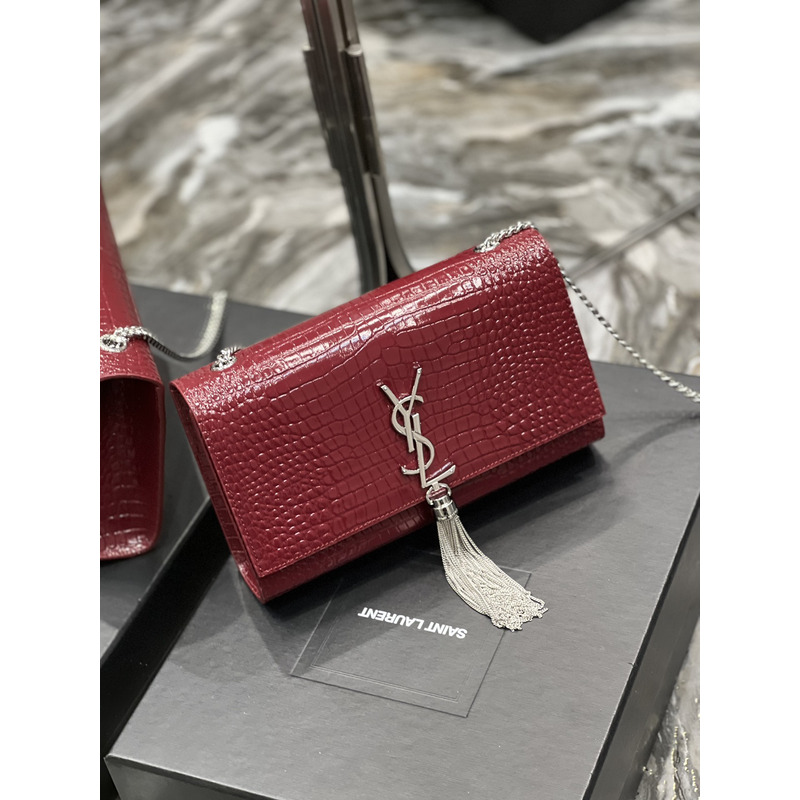 Saint Laurent Kate 24 Crocodile Silver Buckle Fringed Bag Red