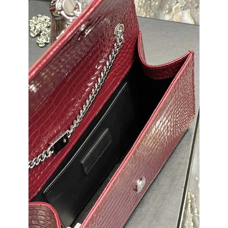 Saint Laurent Kate 24 Crocodile Silver Buckle Fringed Bag Red