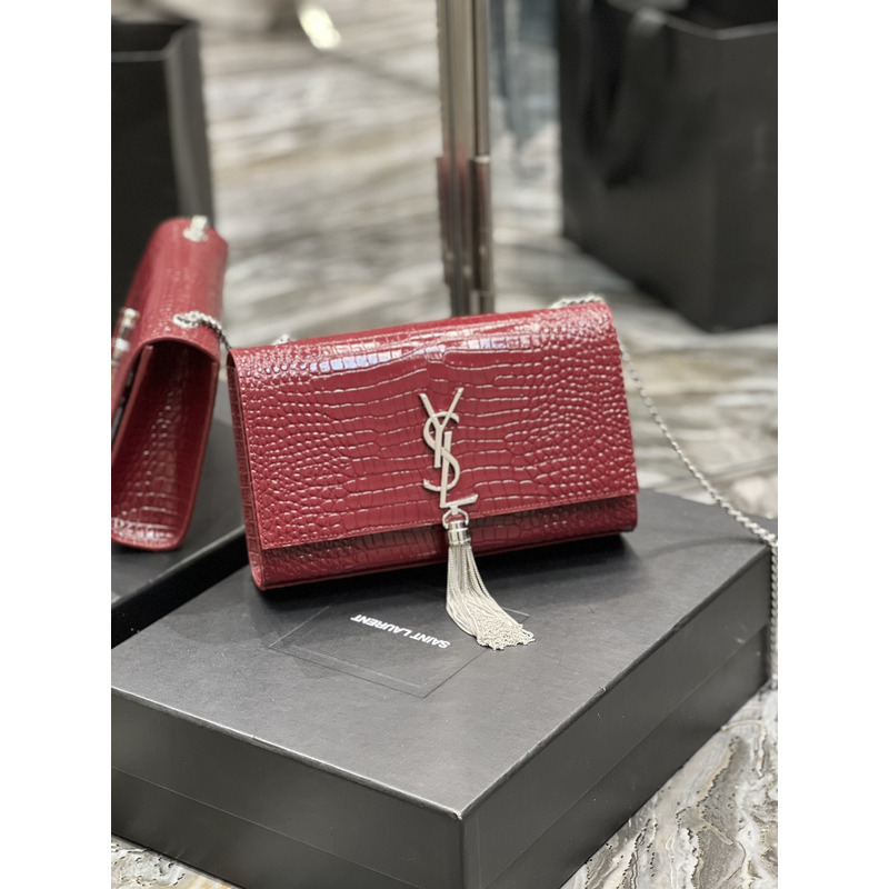 Saint Laurent Kate 24 Crocodile Silver Buckle Fringed Bag Red