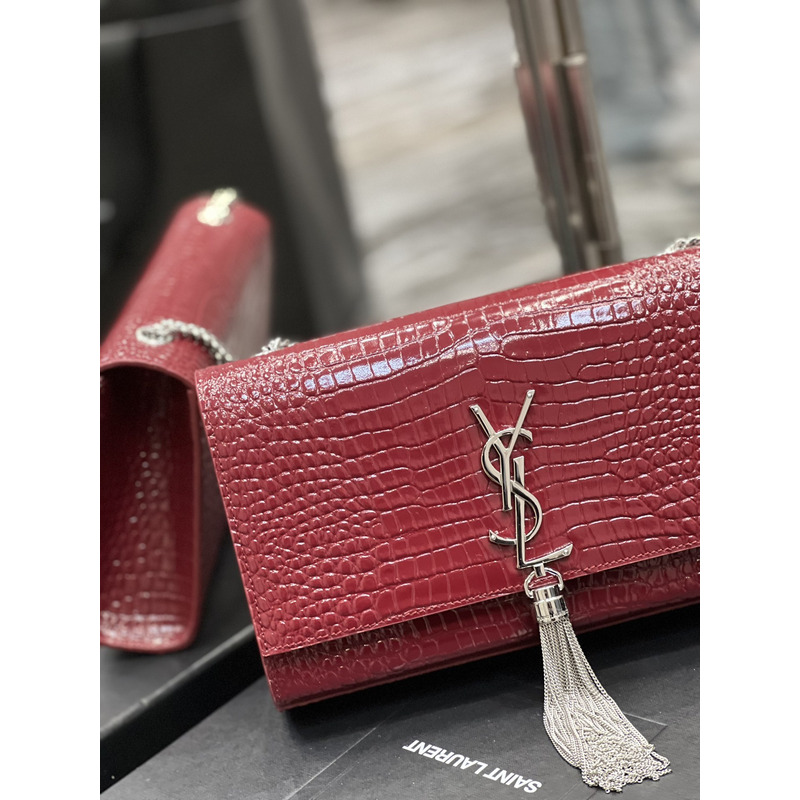 Saint Laurent Kate 24 Crocodile Silver Buckle Fringed Bag Red