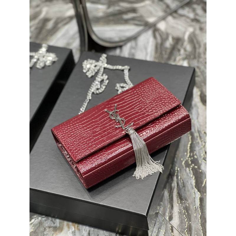 Saint Laurent Kate 24 Crocodile Silver Buckle Fringed Bag Red