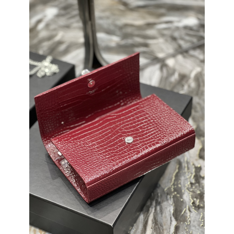 Saint Laurent Kate 24 Crocodile Silver Buckle Fringed Bag Red