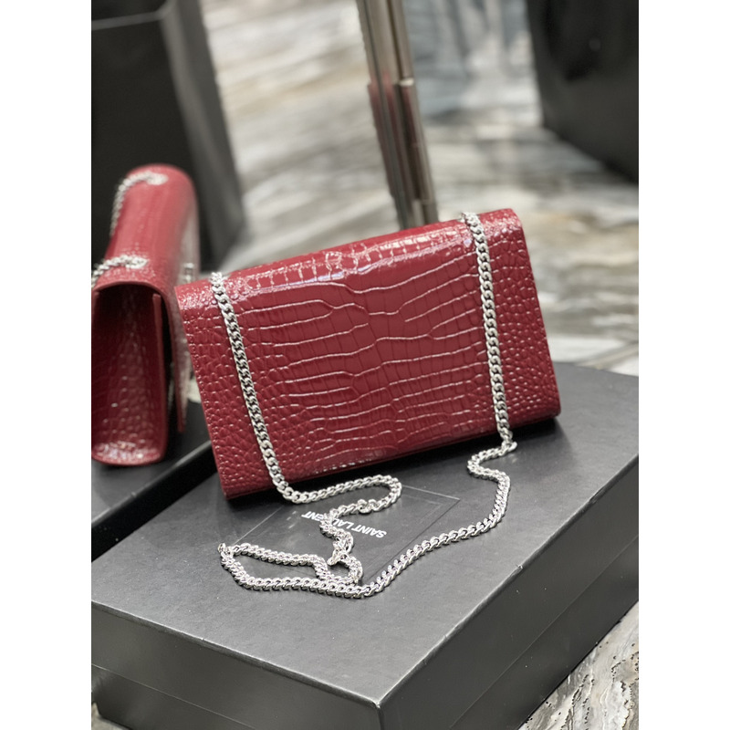 Saint Laurent Kate 24 Crocodile Silver Buckle Fringed Bag Red