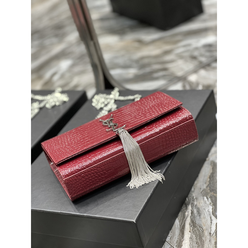 Saint Laurent Kate 24 Crocodile Silver Buckle Fringed Bag Red