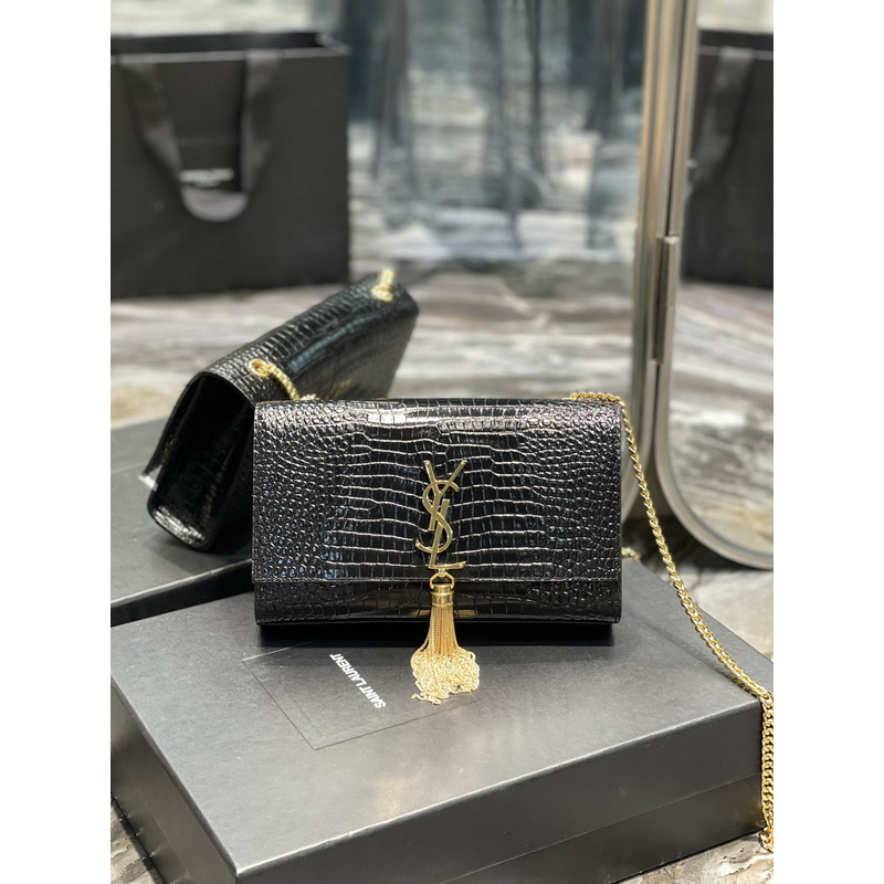 Saint Laurent Kate 24 Crocodile Gold Buckle Fringed Bag Black