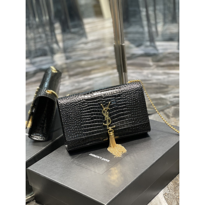 Saint Laurent Kate 24 Crocodile Gold Buckle Fringed Bag Black