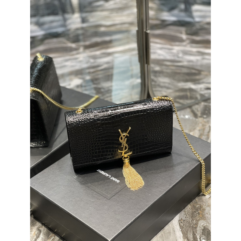 Saint Laurent Kate 24 Crocodile Gold Buckle Fringed Bag Black