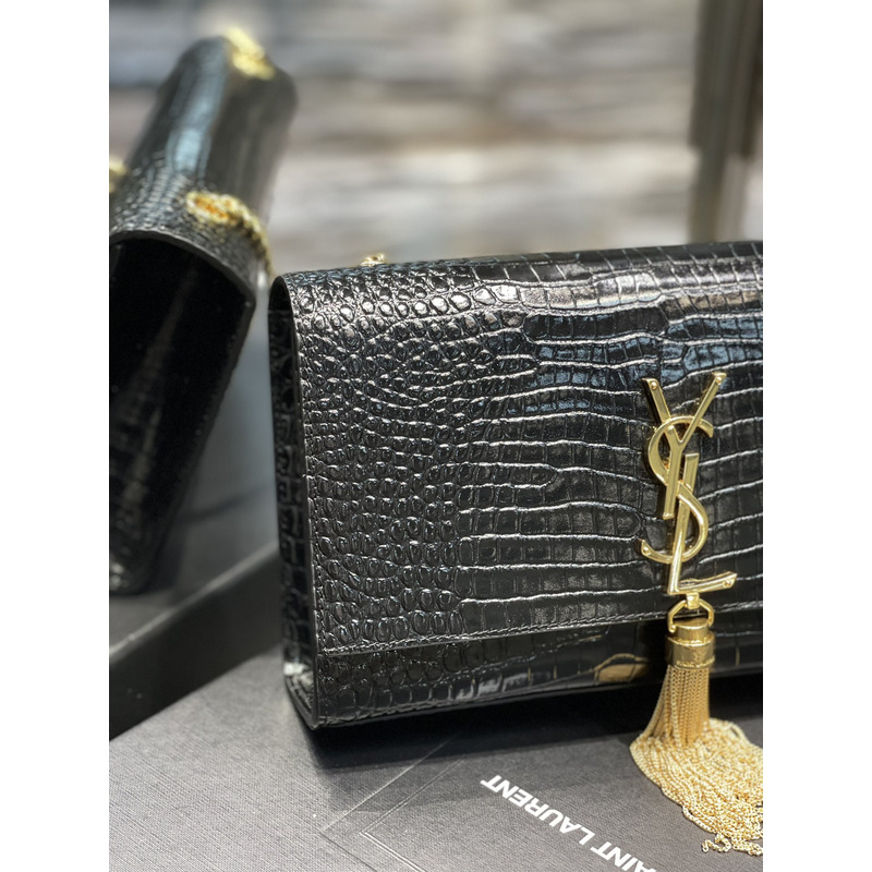 Saint Laurent Kate 24 Crocodile Gold Buckle Fringed Bag Black