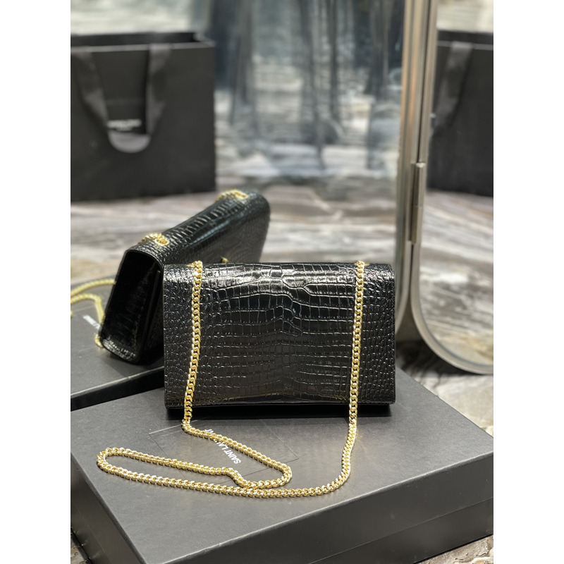 Saint Laurent Kate 24 Crocodile Gold Buckle Fringed Bag Black