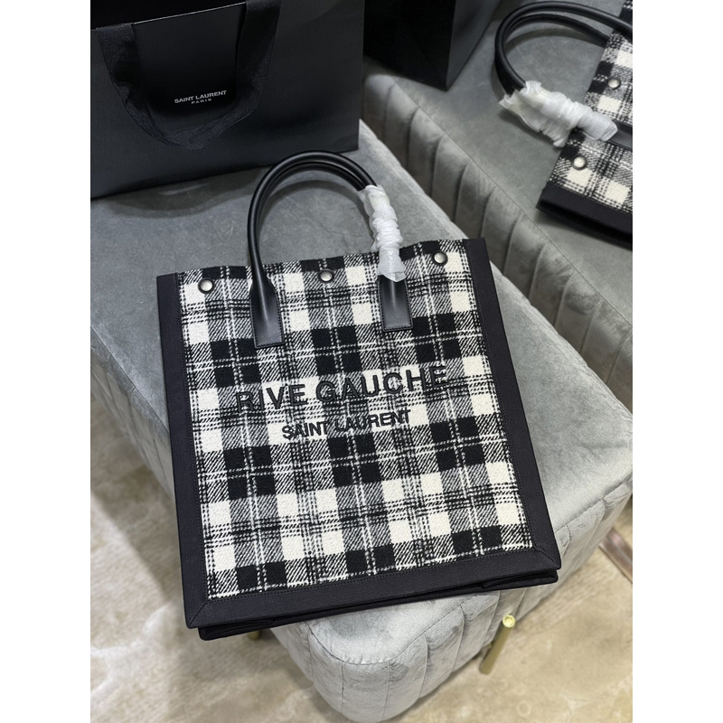 Saint Laurent Wool Scotch stitching LOGO Large Shopping Bag Tote Bag 37.5×38×17cm Black and White