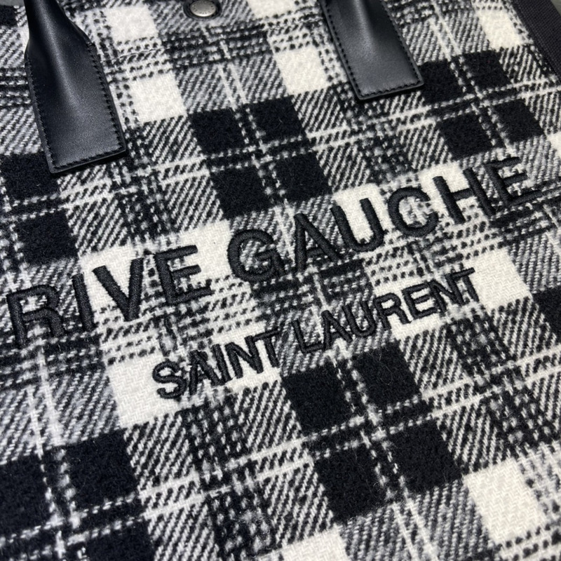 Saint Laurent Wool Scotch stitching LOGO Large Shopping Bag Tote Bag 37.5×38×17cm Black and White