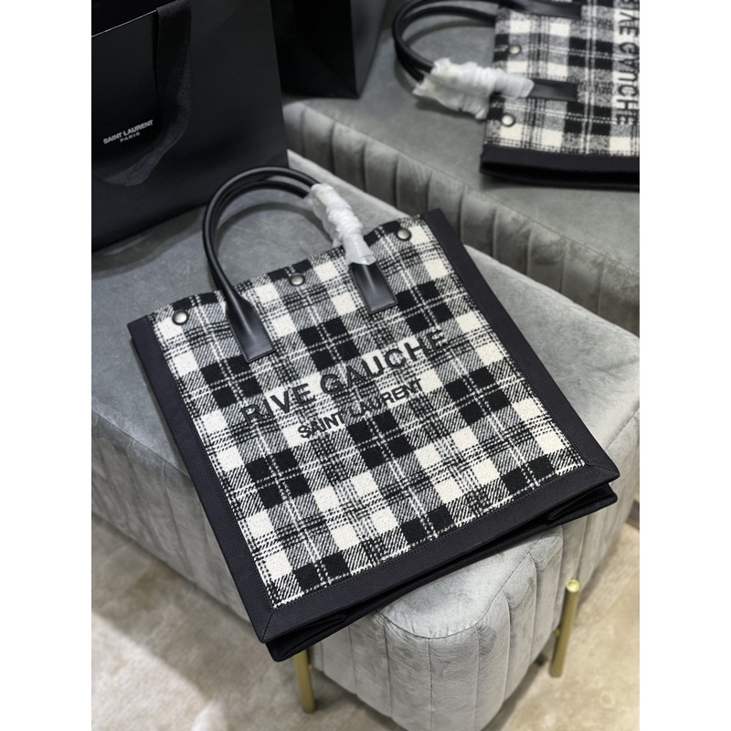 Saint Laurent Wool Scotch stitching LOGO Large Shopping Bag Tote Bag 37.5×38×17cm Black and White