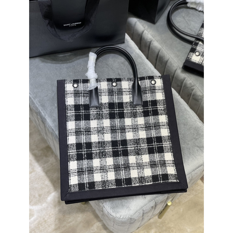 Saint Laurent Wool Scotch stitching LOGO Large Shopping Bag Tote Bag 37.5×38×17cm Black and White