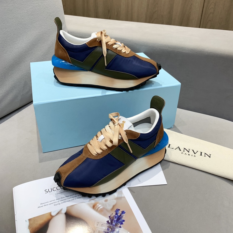 LANVIN Bumper Brown Striped Sneakers on Dark Blue