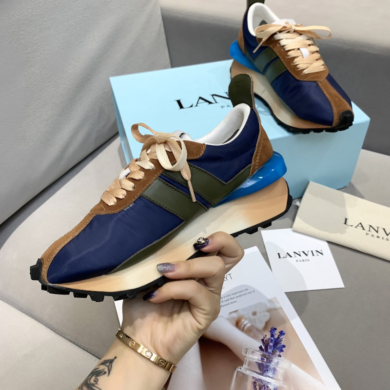 LANVIN Bumper Brown Striped Sneakers on Dark Blue