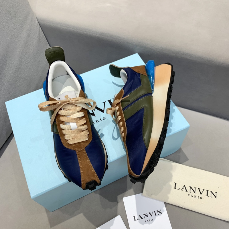 LANVIN Bumper Brown Striped Sneakers on Dark Blue