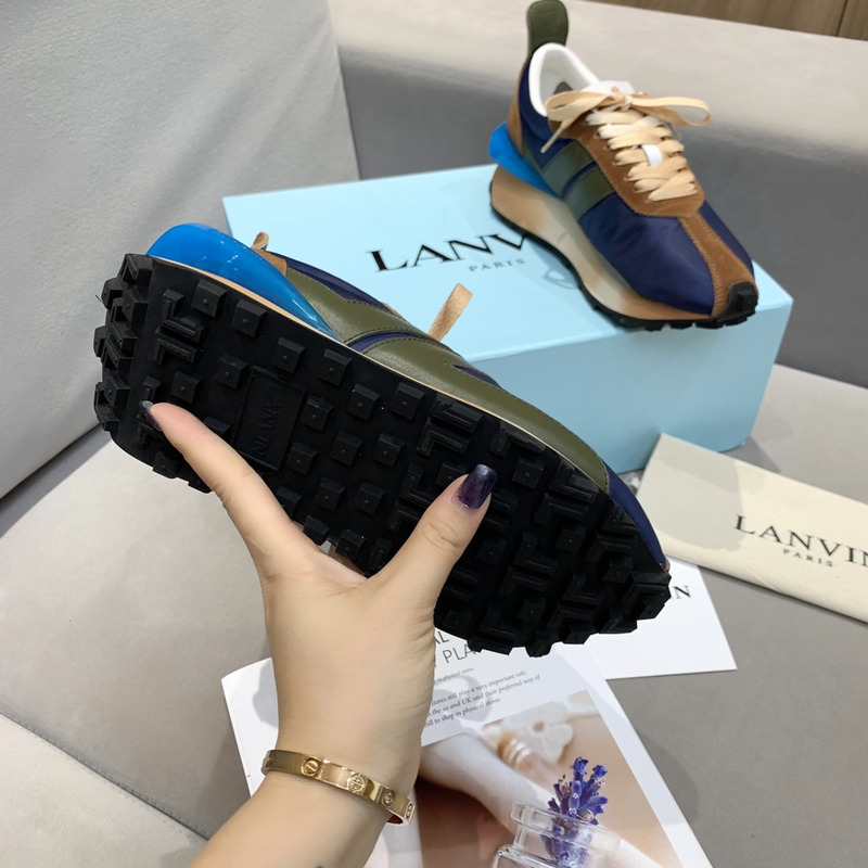 LANVIN Bumper Brown Striped Sneakers on Dark Blue