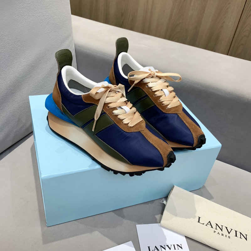 LANVIN Bumper Brown Striped Sneakers on Dark Blue