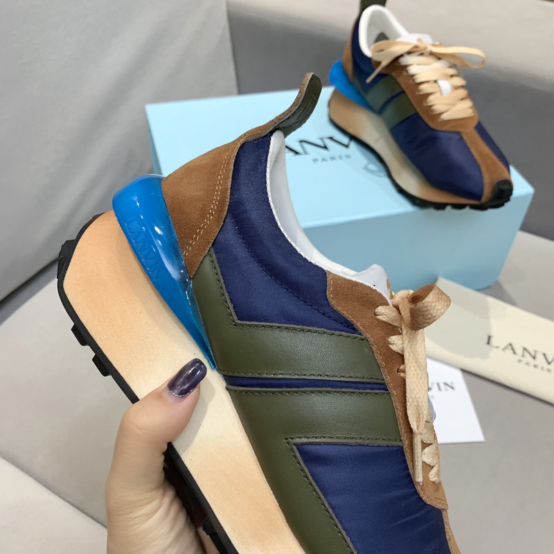 LANVIN Bumper Brown Striped Sneakers on Dark Blue